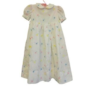 Vintage Girls White Floral Embroidered Peter Pan Collar Dress Handmade Pastel